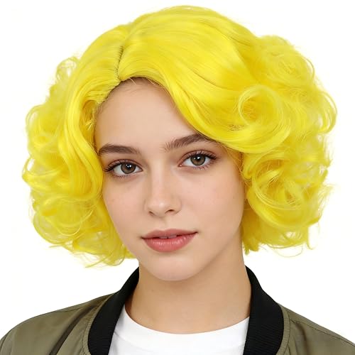 Yellow Wig Cosplay Bob Short Curly Big Layered Finger Wavy Wigs for Women
