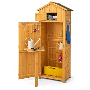 COSTWAY Tuinkast van hout, weerbestendig, gereedschapsschuur met inklapbare tafel en deur & 8 haken, houten schuur met zadeldak, gereedschapskast, tuinschuur, voor tuin, terras, binnenplaats, natuur
