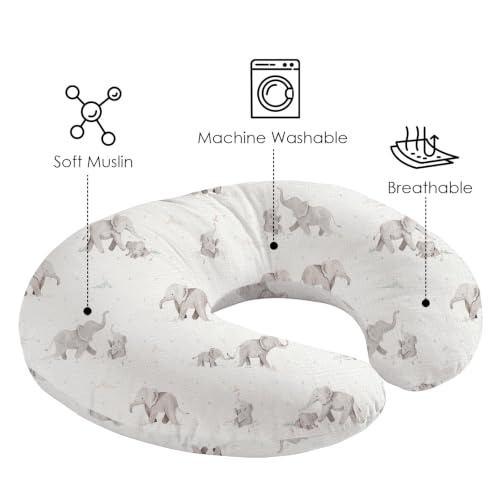 Image of Little Grape Land Muslin Nursing Pillow Covers 2 Pack, 100% Cotton Removable Breastfeeding Pillow Covers, Feeding Pillow Slipcovers for Baby Boys & Girls, (Elephant)