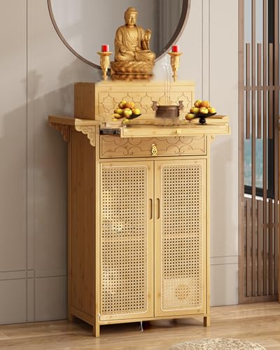 仏壇ニッチ 祭壇テーブル 竹製 収納付き テーブルトリビュート モダン 家庭用木製仏壇、引き出し付き、お香や祈りのための中国製リビングルーム、寝室、オフィス、アパートに適しています ウッド 80x40x119cm
