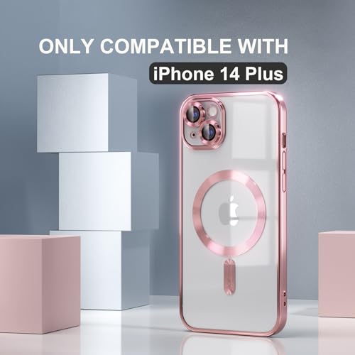 Image of Misea Magnetic for iPhone 14 Plus Case Compatible with MagSafe Pink | [Never Yellowing] [Military Drop Protection] Full Camera Lens Protector Plating Soft Clear Phone Case for Women, Pink