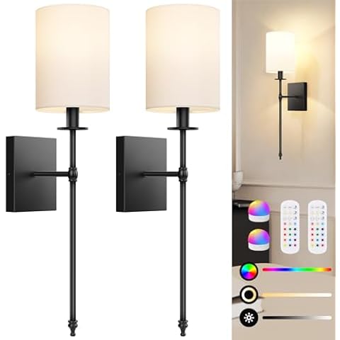 Black Battery Operated Wall Sconces Set of 2, Indoor Not Hardwired Dimmable Wall Lamps with Remote & White Fabric Shade, Rechargeable Wireless wall lights For Bedroom, 2 Bulbs Included Cover