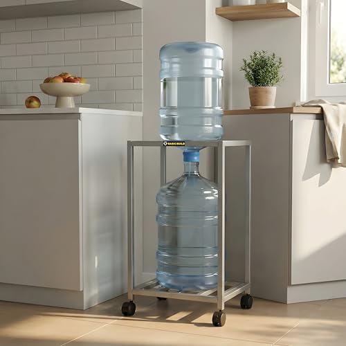 Image of Premium 2-Layer Water Dispenser Trolley Stand ? Strong Metal Frame with Locking Wheels | Fits 20L 25L Water Jars, Bottles & Cans | Silver Multipurpose Storage Rack(Silver)