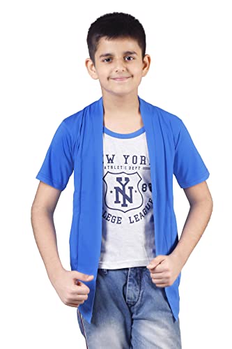 Image of Boys Half Sleeve Cotton White Printed T-Shirt with Royal Blue Jacket Shrug