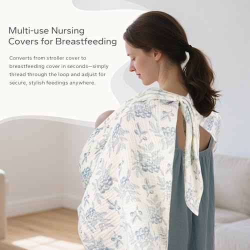 Image of SERAPHY 2-in-1 Muslin Baby Car Seat Cover & Nursing Cover, Soft Lightweight Breastfeeding Cover for Boys and Girls,Breathable Canopy for Infant Carseat & Stroller for Summer-Blueberrie