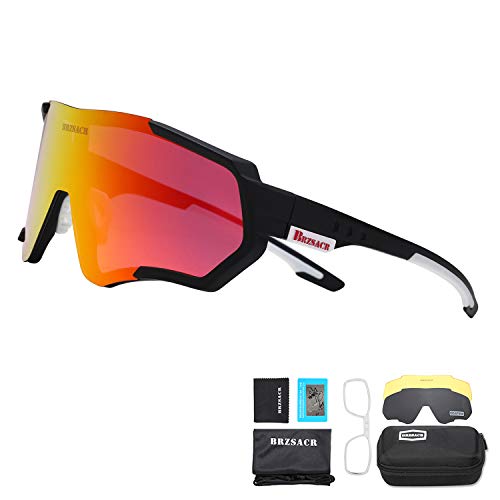 BRZSACR Gafas de Sol Deportivas polarizadas Protección UV400 Gafas de Ciclismo con 3 Lentes Intercambiables para Ciclismo, béisbol, Pesca, esquí, Funcionamiento (Negro rojo)