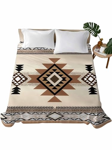 Southwest Flat Bed Sheet King Size for King Mattress, Microfiber Bedding Top Sheets Deep Pocket for All Seasons, Brown Bohemian Abstract American Aztec Soft & Breathable Hotel Quality