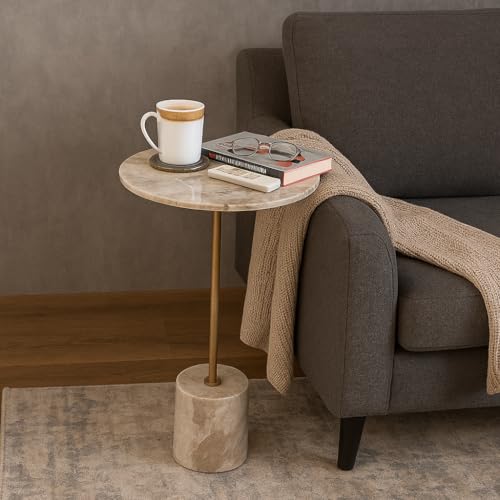 Image of Little eXtra Iron Savar Marble Side Table with Pillar Base, Sofa Side Table for Living Room, Corner Table for Bedroom, Bedside Table 35.5 x 35.5 x 65.50 cm (Beige)