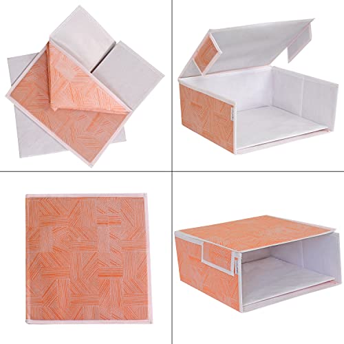 Image of PRETTY KRAFTS Stackable Fabric Saree Storage Organizer for wardrobe, Clear front window with Lid, Stackable organizers, Perfect to organize sarees in a wardrobe, Set of 2, Jute OrangeGrey