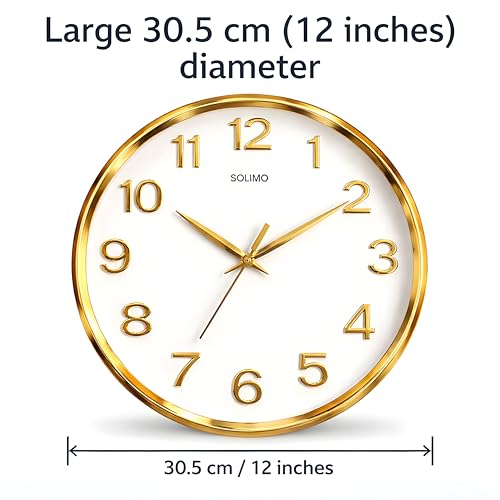 Image of Amazon Brand - Solimo 12 Inches Silent Wall Clock for Living Room Bedroom Office Plastic Easy to Read 3D Numbers Modern Stylish Sweep Movement Wall Clock for Home 1603DX (Golden)