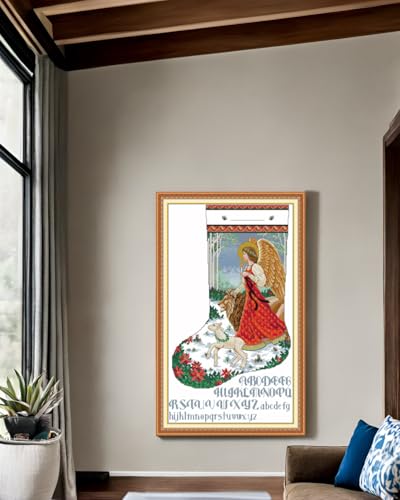 Image of CaptainCrafts Cross Stitch Kits, Christmas Stocking Stamped Cross Stitch Prepainted 11CT Fabrics Corss Stitch DMC DIY Needlework Embroidery Kit for Adults (Stamped 11CT, Angel of Divinity Stocking)