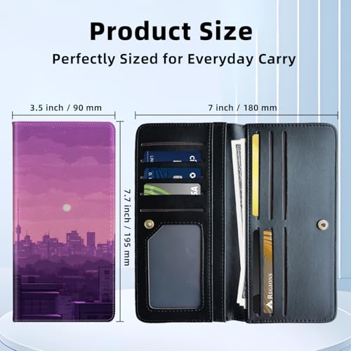 Womens Wallet,RFID Blocking Credit Card Slim Thin Holder,Long Bifold PU Leather Card Organizer,Cash Clutch Billfold Pocket Ladies Minimalist Travel Wallets,Sunset Town3
