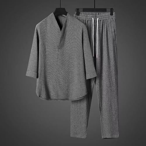 Men's Casual Suits 2 Piece Outfits Loose Fit Pure Color Summer Beach Shirts and Pants Sets Stylish Comfortable3