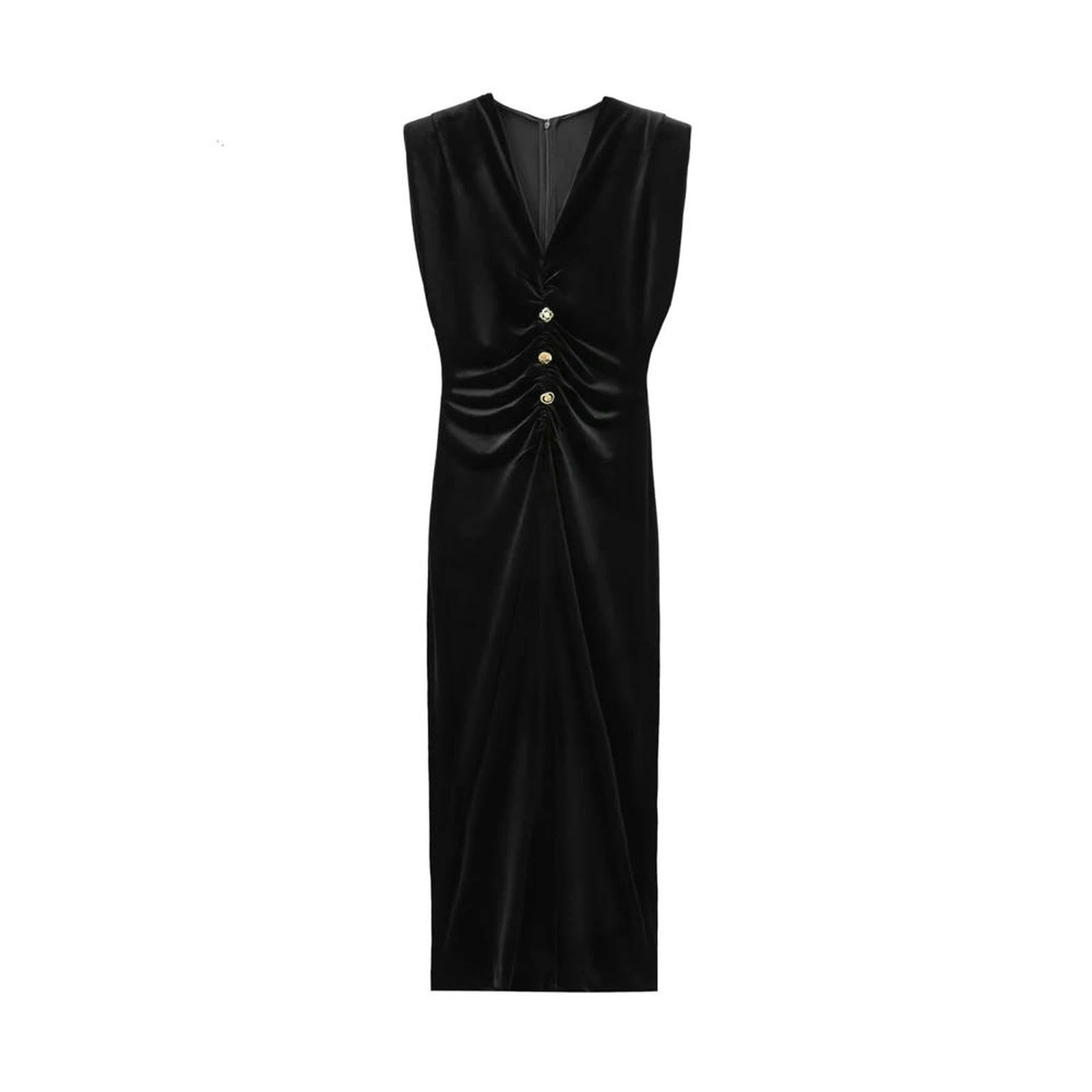 Vestito Donna Abito Midi Velluto Drappeggiato da Donna con Bottoni, Collo A V, Maniche, Abiti Femminili, Moda Chic-Nero-XS