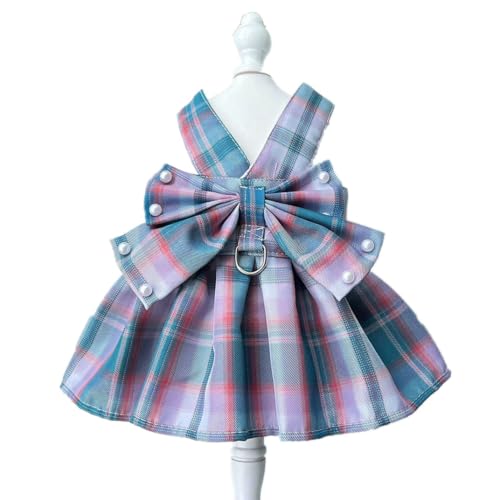 ISUPY 可愛い ペット服 ドレス 春夏用 犬服 ワンピース 洋服 ドッグウェア ペットウェア ハーネス チェック柄 蝶結び 小中型犬 人気 ファッション ベスト 猫服 通気性 脱毛保護 日焼き防ぐ 虫除け お散歩 記念撮影 (XL,ブルー&ピンク)