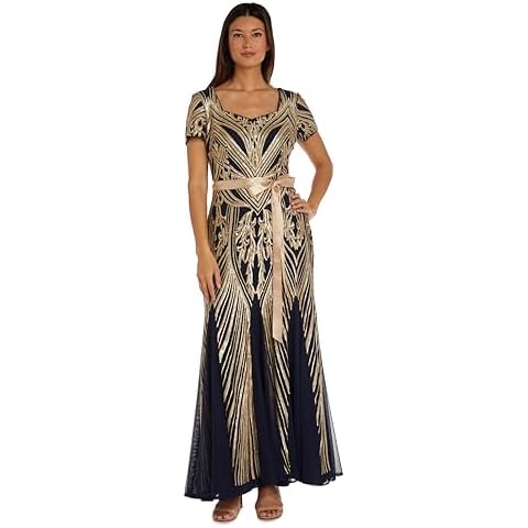 R&M Richards Navy/Gold Sequin Evening Gown Cover