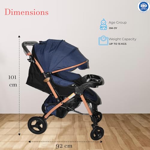Image of Safe-O-Kid Breez Baby Rubber Wheel Stroller /Pram with 1 Year Warranty (Model - 2024) for New Born /Toddler /Kid for 0 to 3 Years Travel Friendly, 5 Point Safety Harness - Blue