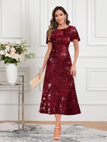Sequin Mother of The Bride Dresses for Women Elegant Tea Length A Line Formal Evening Gown with Short Sleeve4