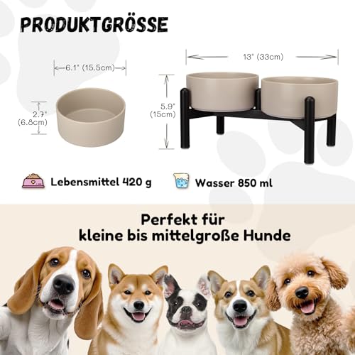 Futternapf Hund Erhöht Hundenapf Set - Doppelte Fressnapf Keramik mit Edelstahlständer - Ideal für Kleine und Mittelgroße Hunde - 850 ml x 2 - Grau
