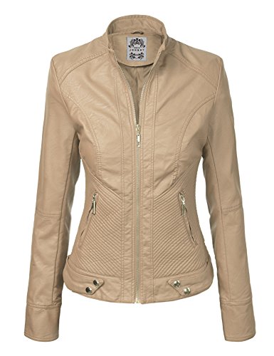 Made By Johnny MBJ - Chaqueta de Motociclista para Mujer (Piel sintética, con Cremallera) - Beige - XX-Large