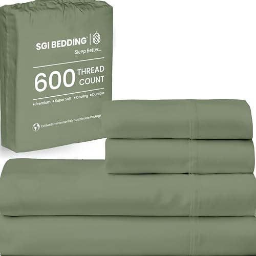 Image of SGI bedding Full Bed Sheets Set - Premium 600 TC Egyptian Cotton, Crisp & Cooling Sateen Weave, Extra Soft Hotel Collection, Fits Mattresses Up to 16 Inch Deep, Breathable & Long Lasting - Moss