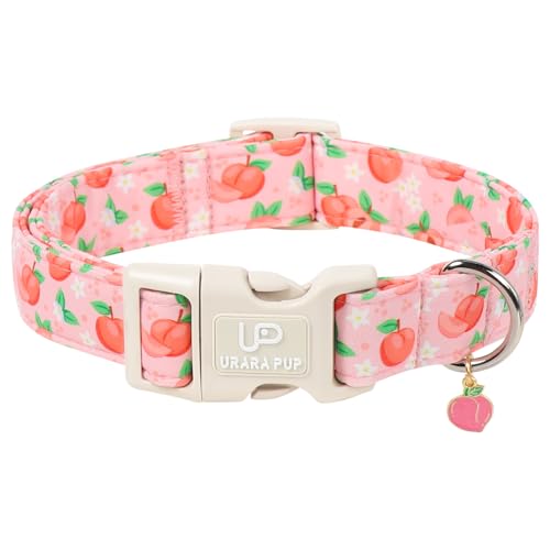 Image of Peach Dog Collar, Summer Spring Cotton Dog Collar, Cute Fruit Pattern Adjustable Pink Pet Collar, Lightweight Durable Quick Release Buckle with Charm for Female Dogs