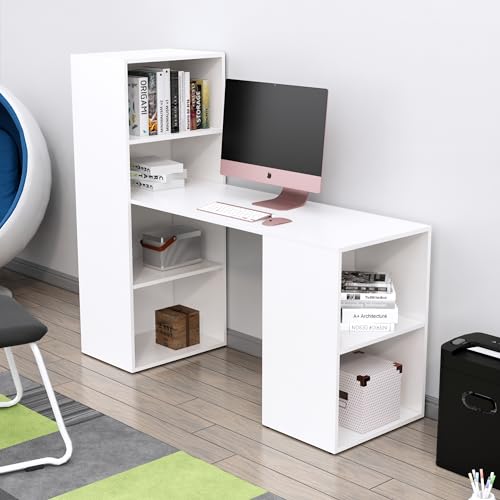 Image of Bniture Wooden Study Table for Home | Engineered Wood Study Table with Book Shelf | Multi Purpose Computer Desk for Writing & Study | Laptop Table for Study Room, Office & Workstation, Frosty White