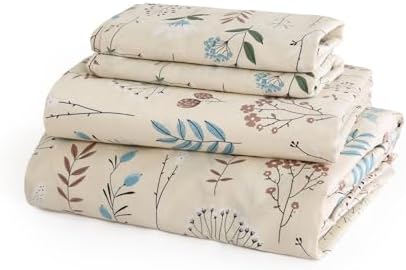 JSD Beige Boho Floral Cotton Sheet Set King Size, 300 TC Printed Sateen Bed Sheets Deep Pocket, Soft Breathable Wrinkle Free - Thumbnail 3
