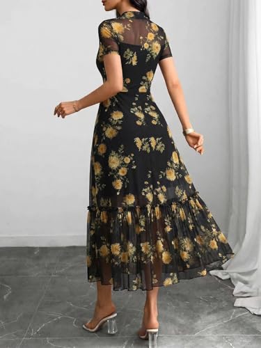 Image of GothDark Women's Summer Floral Mesh Ruffle Dress Short Sleeve Round Neck Waist Cinched Casual Maxi Wedding Guest Dresses