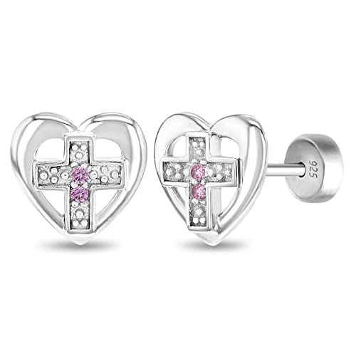 925 Sterling Silver Small Pink Cubic Zirconia Heart Cross Studs - Lightweight & Simply Stunning Religious Jewelry For Girls, Toddlers & Teens