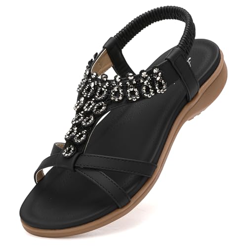 Image of Littleplum Womens Sandals Arch Support Slingback Rhinestone Dressy Sandals Comfort Summer Shoes Ankle Strap Elastic Flats for Beach Walking