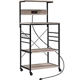 Yaheetech Bakers Rack with Power Outlet and Wheels, Rolling Microwave Stand Cart Coffee Bar Station with Sliding Shelf & 6 Hooks, Freestanding Kitchen Utility Storage Rack for Spices/Pots/Pans, Gray