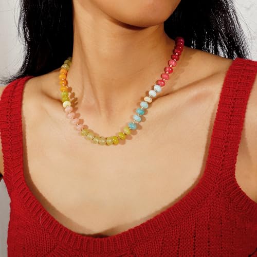 Gemstone Beaded Necklace for Women Colorful Natural Stone Freshwater Pearl Surfer Beach Rainbow Necklace Jewelry Gift3