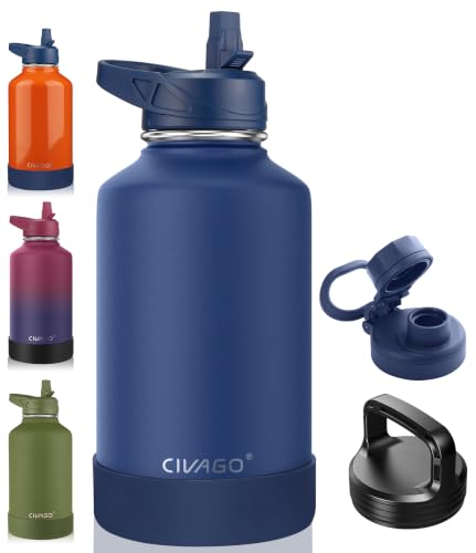 CIVAGO 64 oz Insulated Stainless Steel Water Bottle With Straw and 3 Lids