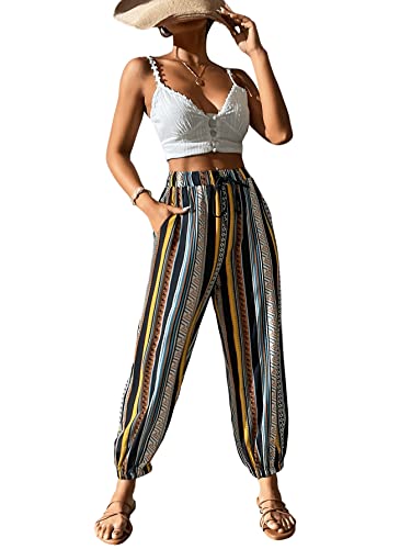 SweatyRocks Women's Boho High Elastic Waist Tie Front Striped Print Pants with Pocket