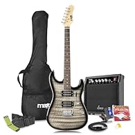 A comprehensive guitar kit, featuring a quilt top electric guitar, 40W amplifier, and essential accessories. The microfibre string cleaner ensures that strings stay bright and responsive. Modern tremolo, die-cast tuners, and a gloss black finish prov...