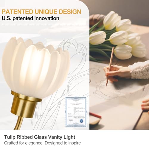 Image of 3-Light Bathroom Vanity Light, 20 inch Brushed Gold Bathroom Light Fixtures with Ribbed Frosted Clear Tulip Glass Shade, Vanity Lighting Fixtures Over Mirror for Bedroom Living Room Hallway