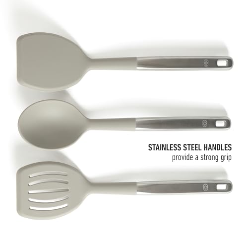 Image of Calphalon Prime 7-Piece Silicone and Teak Wood Kitchen Tool Set, Stainless Steel Kitchen Utensil Set, Kitchen Spoon And Spatula Set, Heat Resistant Non-Slip Kitchen Gadgets Set - Taupe