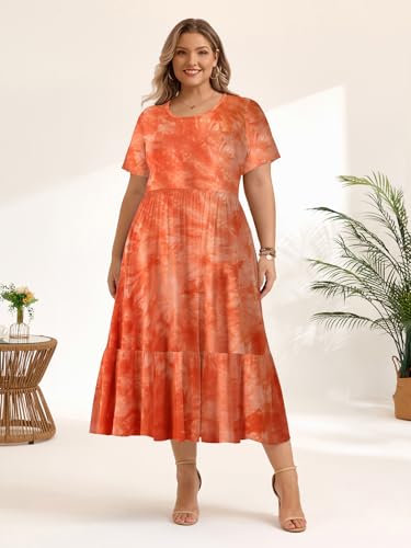 Image of LARACE Plus Size Dresses for Women Summer Casual Short Sleeve Long Dress Flowy Maxi Beach Dresses with Pockets L-6XL