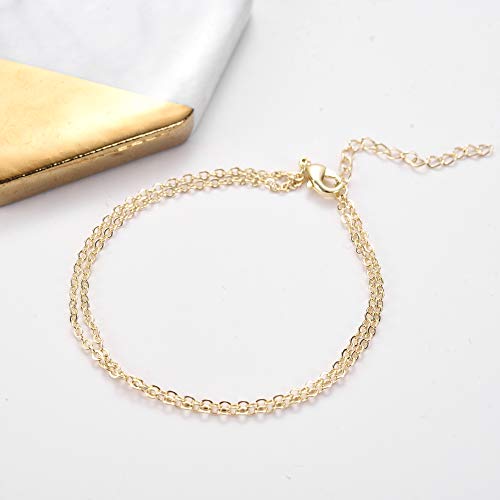 Image of Womens Dainty Gold Chain Bracelet,Simple Layered Chain Bracelets,Beaded Turquoise Bracelet,Charm Crystal Bar,Heart,Karma,Triangle,Pearl Bracelets for Women