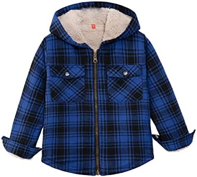 ZENTHACE Kids Boys Flannel Shirt Hooded Flannel Jacket Sherpa Fleece Lined Plaid Fall Jacket Coat Zip Up Hoodie Blue L Size 10-12