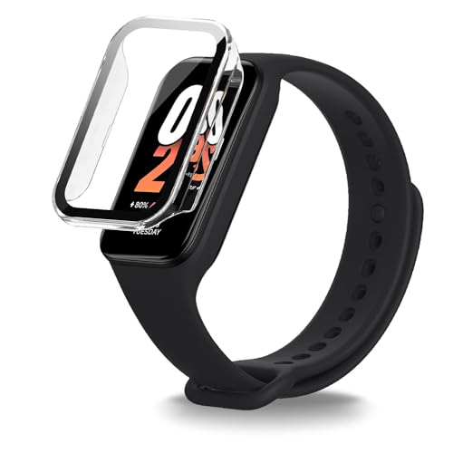 Xiaomi Smart Band 8 Active スマートウォッチ 対応 ケース+フィルム 一体型 (PCケース+強化ガラスフ) KONXISA 一体型 ケース フィルム 着脱簡単 高透過率 擦り傷防止 衝撃吸収 全面保護(クリア)