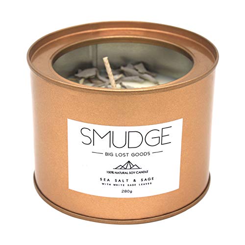 Smudge Candle: Sea Salt & Sage Scented with Real White Sage Leaves & 100% Natural Soy Wax (10 Oz Tin). Use for: Smudging, Energy Cleansing, Purification, Aromatherapy