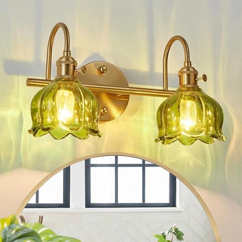 Image of 2-Light Vintage Bathroom Light Fixtures, 14.5 inch Hardwired Vanity Lights with Green Tulip Glass Shades, Brushed Gold Antique Wall Lights for Mirror Restroom Bedroom Living Room(Bulbs Not Included)
