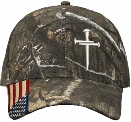 Christian Cross Baseball Cap, Religious 3 Nail Design, Mossy CAMO HAT with White Cross Jesus Christian Hat Choices mesh Back or USA Flag Brim Adjustable Hat and Free Decal.