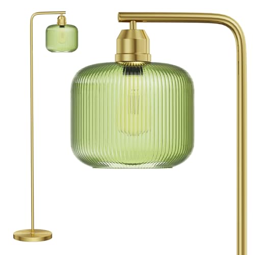 Luminária de chão de vidro para sala de estar, luminária de pé moderna com abajur de vidro nervurado verde e interruptor de pedal, lâmpada de 167 cm de altura e luminária de chão dourada para quarto