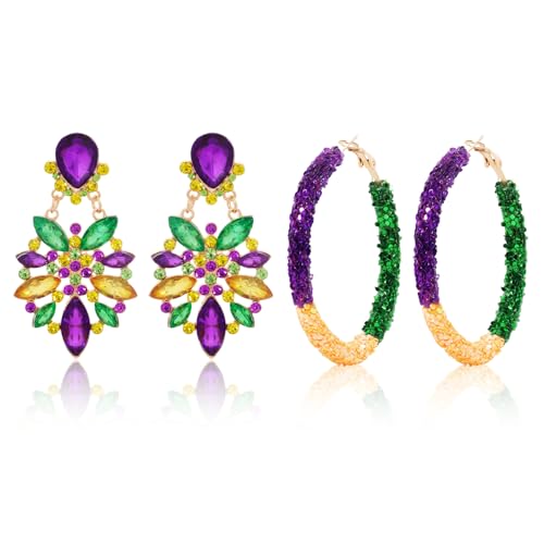2pair Mardi Gras Earrings Stone Flower Teardrop Dangle Earrings Lightweight Purple Yellow Green Hoop Earrings for Women Carnival Jewelry Costume