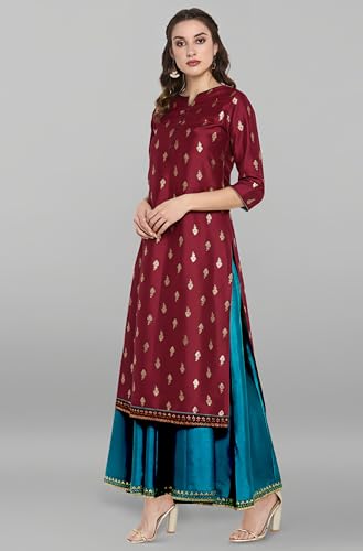 Image of Janasya Womens Silk Blend Gold Printed Layered Ethnic Dress with Inner