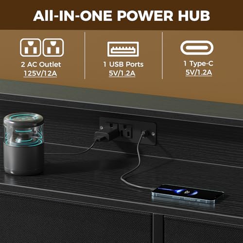 Image of NEWBULIG Wooden Top Media Console for 32-52 inch Dresser TV Stand with 9 Fabric Drawers & Open Shelves, Entertainment Center with LED Lights & Charging Station for Bedroom, Black