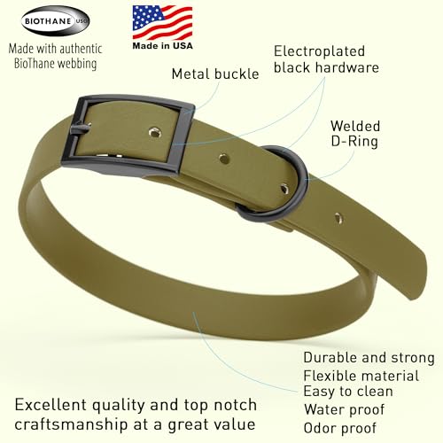 Image of Dogline Biothane Waterproof Dog Collar Strong Coated Nylon Webbing with Black Hardware Odor- Proof for Easy Care Easy to Clean High Performance Fits Small Medium or Large Dogs, Olive Drab Green